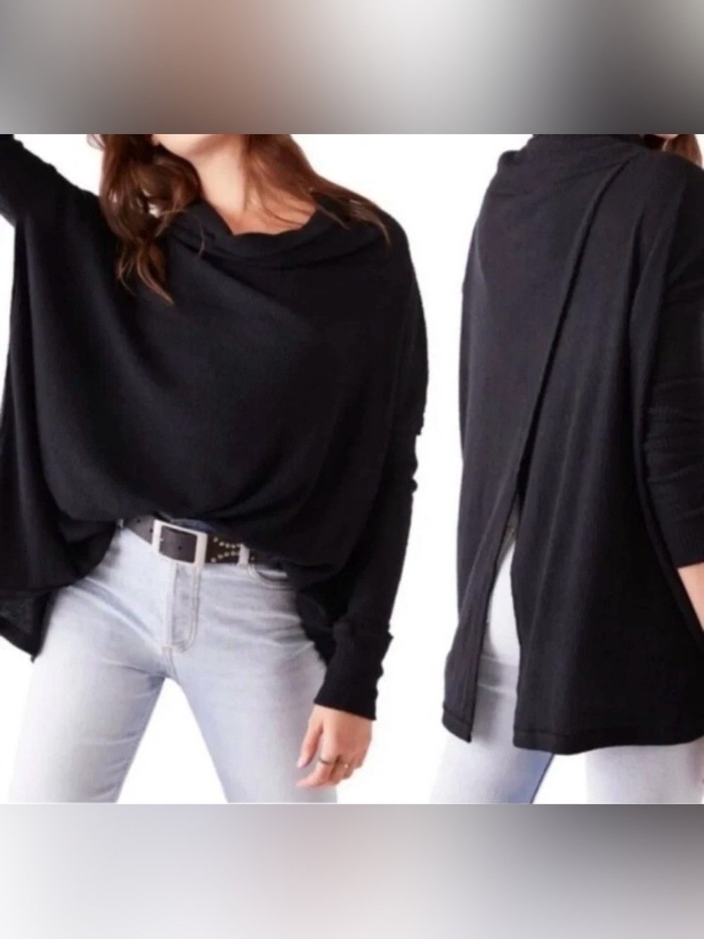 Free People Juicy Long Sleeve Thermal Black Cowl Neck Back Slit NWT